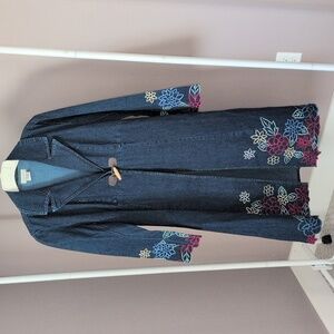 Denim Style Trench Coat With Colorful Floral Embroidery Large, Cindy Ambuehl
